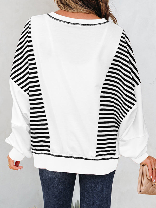 Contrast Color Striped Long Sleeves Loose Round-neck Sweatshirt Tops