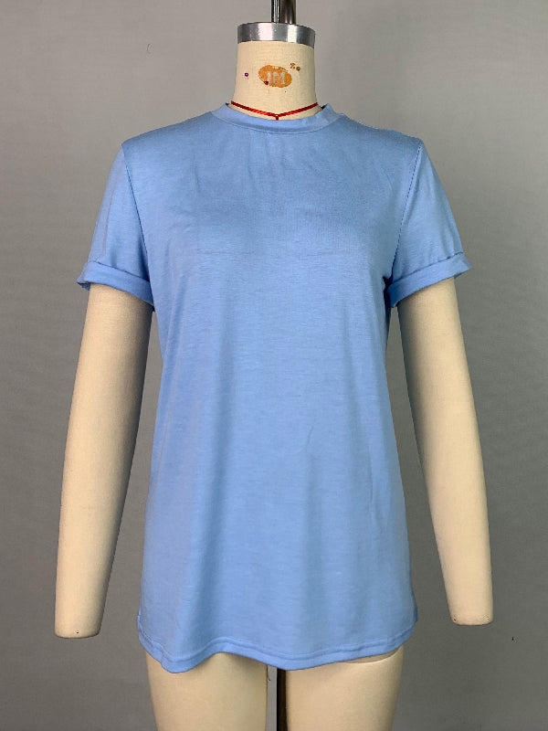 Solid Color Short Sleeves Round-neck T-Shirts Tops
