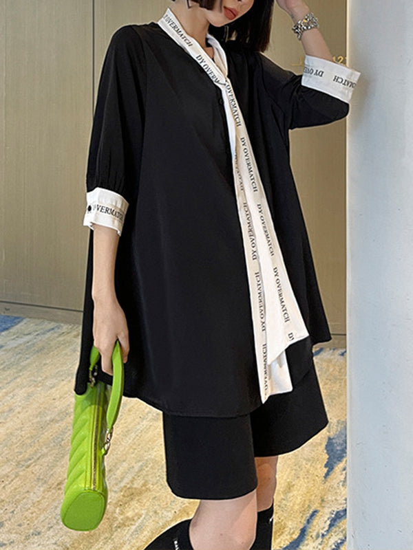 Contrast Color Lace-Up Letter Print Split-Joint Loose Short Sleeves Stand Collar Blouses