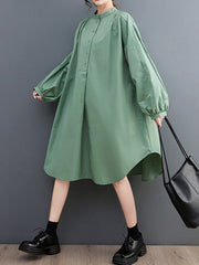 Loose Puff Sleeves Solid Color Stand Collar Midi Dresses
