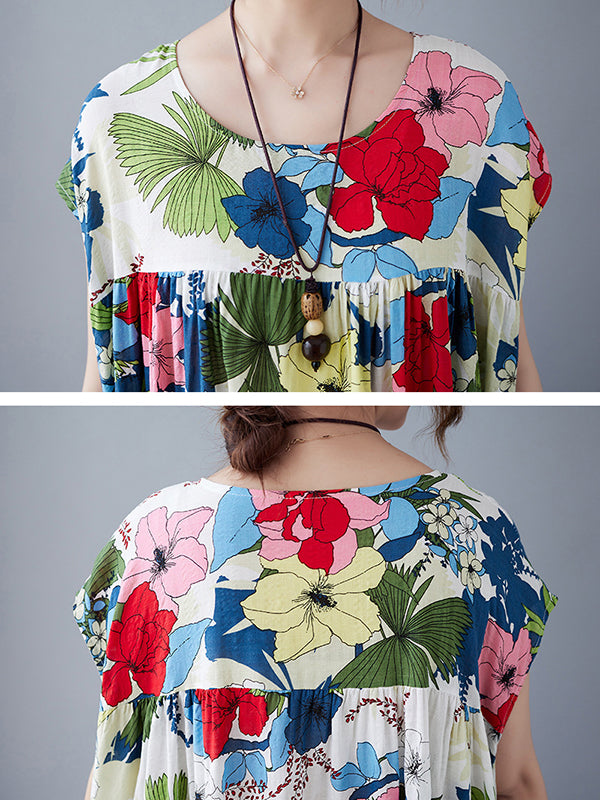 Original Loose Artistic Retro Floral Printed Pleated Midi Dress