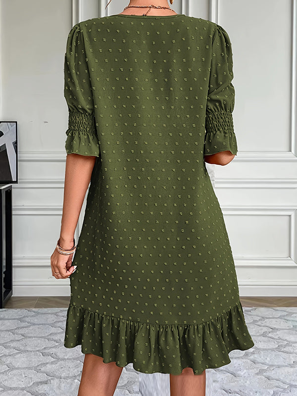 Elasticity Jacquard Pleated Solid Color Split-Joint A-Line Flared Sleeves V-Neck Mini Dresses