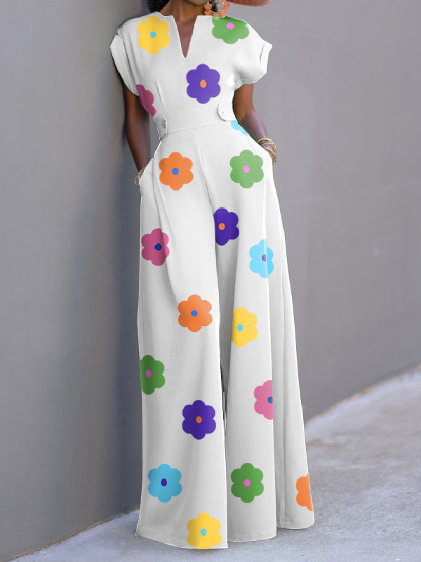 Cap Sleeve Wide Leg Floral Printed Jumpsuits