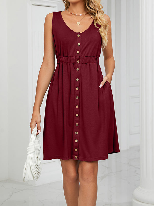 Buttoned Elasticity Pleated Pockets Split-Joint A-Line Loose Round-Neck Mini Dresses