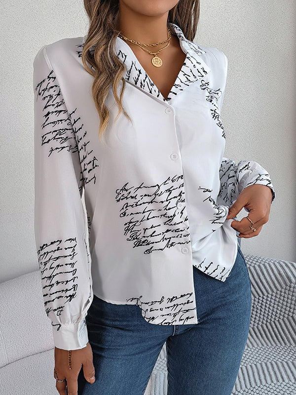 Buttoned Letter Print Long Sleeves Loose Notched Collar Blouses&Shirts Tops