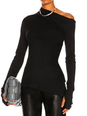Stylish Solid Color One-Shoulder Long Sleeves T-Shirt Top