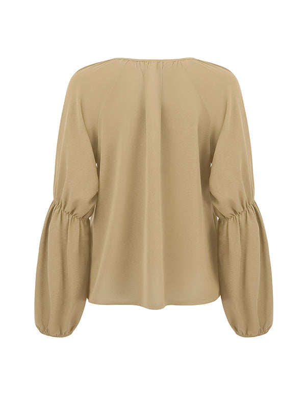 Solid Color Loose V-Neck Blouses&Shirts Tops