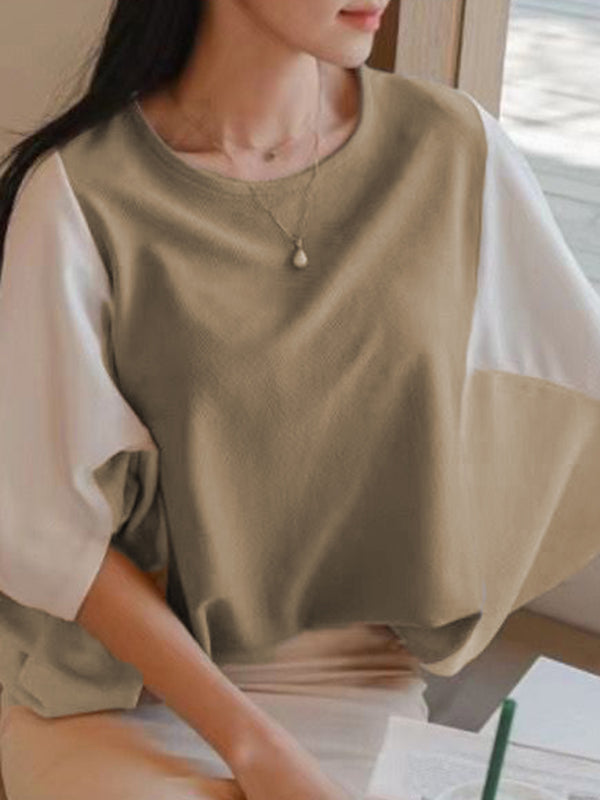 Contrast Color Batwing Sleeves Half Sleeves Round-neck Blouses&shirts Tops