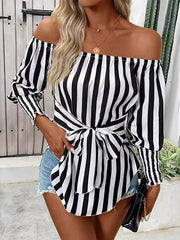 Contrast Color Elasticity Split-Joint Striped Tied Waist Long Sleeves Loose Off-The-Shoulder Blouses&Shirts Tops