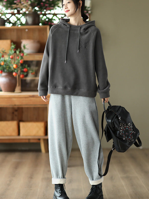 Simple Long Sleeves Loose Velvet Keep Warm Solid Color Hoodies Tops