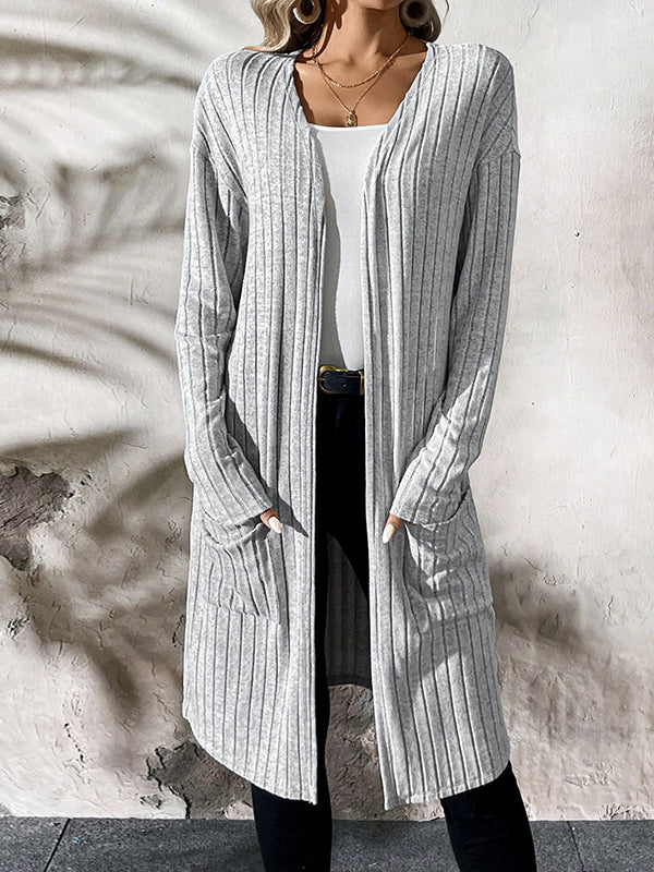 Pockets Solid Color Split-Joint Long Sleeves Loose Collarless Cardigan Tops