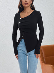 Asymmetric Buttoned Pleated Long Sleeves Skinny Asymmetric Collar T-Shirts Tops