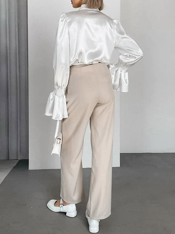 Falbala Solid Color Split-Joint Flared Sleeves Loose Stand Collar Blouses&Shirts Tops