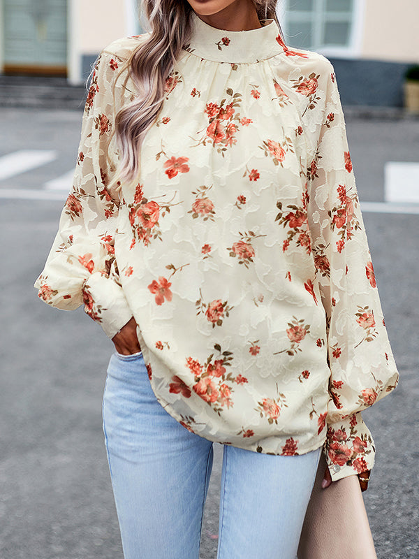 Flower Print Tied Long Sleeves Loose Mock Neck Blouses&Shirts Tops