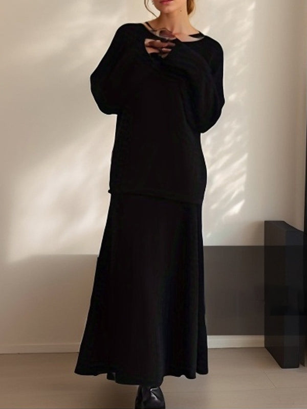 Loose Solid Color Long Sleeves Round-neck Sweater Top + Skirt Two Pieces Set