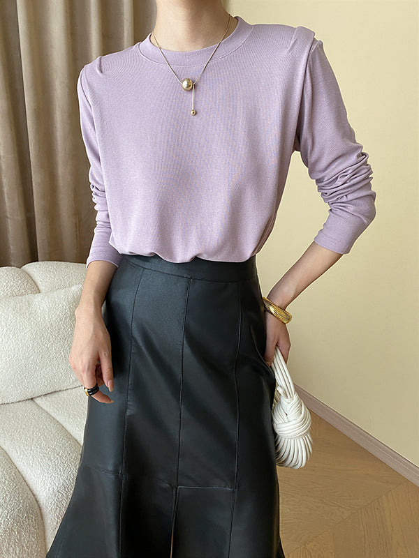 Solid Color Split-Joint Long Sleeves Round-Neck T-Shirts Tops
