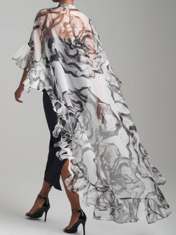 Floral Flower Print Pleated See-Through Split-Joint Sun Protection High-Low Loose Stand Collar Blouses&Shirts Tops