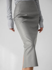 Solid Color Split-Back Split-Joint Skinny PU Skirts