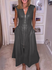Pockets Solid Color Split-Joint Zipper A-line Elasticated Waist V-neck Midi Dresses