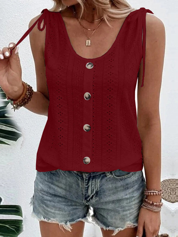 Buttoned Hollow Pleated Split-Joint Tied Loose Plus Size U-neck Vest Top