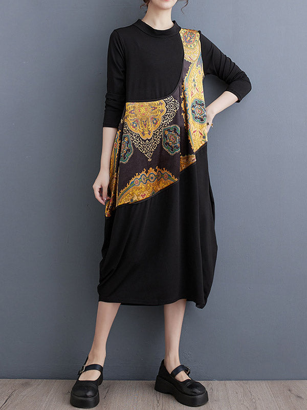 Asymmetric Printed Split-Joint Long Sleeves Loose Round-Neck Midi Dresses