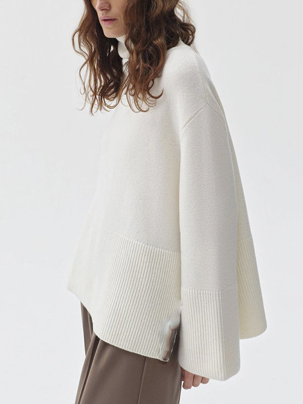 Pleated Solid Color Split-Side Long Sleeves Loose High Neck Sweater Tops