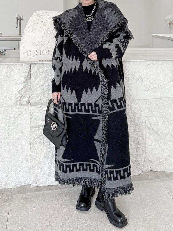 Contrast Color Tasseled Long Sleeves Loose Lapel Cardigan Coats