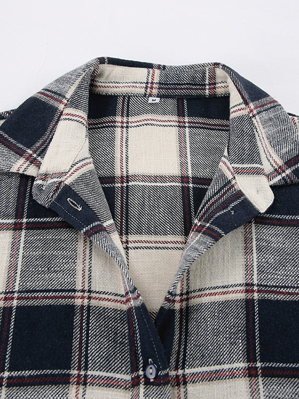 Plaid Split-Joint Long Sleeves Loose Lapel Blouses&Shirts Tops