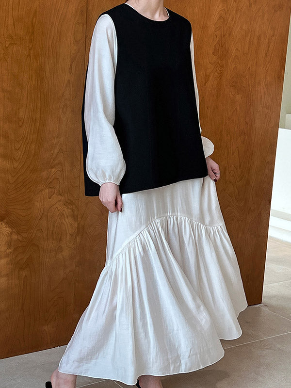 Elasticity Pleated Solid Color Split-Joint Zipper High Waisted Long Sleeves V-Neck Midi Dresses