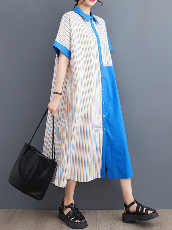 Asymmetric Split-Joint Striped Loose Short Sleeves Lapel Shirt Dress Midi Dresses