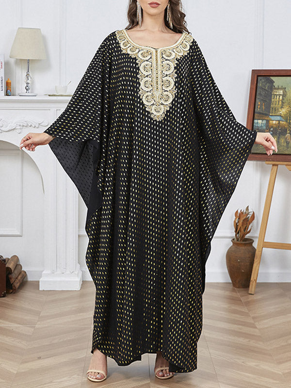 Bronzing Split-Joint Split-Side Batwing Sleeves Long Sleeves V-Neck Robes Maxi Dresses