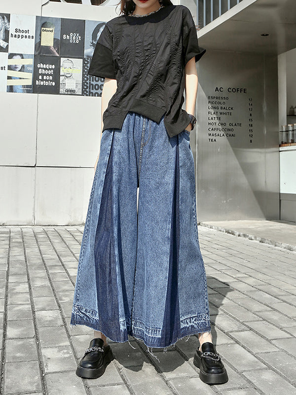 Elasticity Fringed Pleated Loose Wide Leg Jean Pants Bottoms