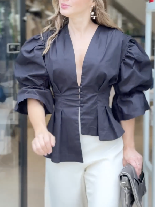Asymmetric Buttoned Solid Color High-Low Puff Sleeves Deep V-Neck Blouses&Shirts Tops