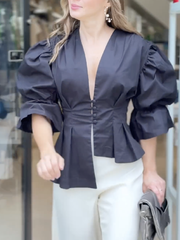 Asymmetric Buttoned Solid Color High-Low Puff Sleeves Deep V-Neck Blouses&Shirts Tops