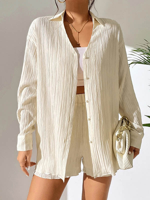 Loose Buttoned Long Sleeves Pleated Solid Color Lapel Shirts Top + Elasticity Shorts Bottom Two Pieces Set