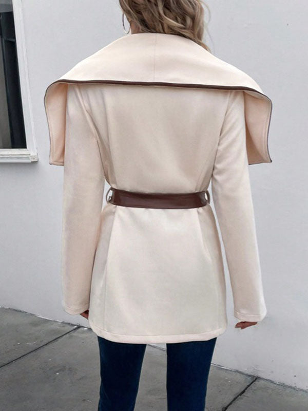 Contrast Color Tied Waist Long Sleeves Loose Lapel Outerwear