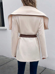 Contrast Color Tied Waist Long Sleeves Loose Lapel Outerwear