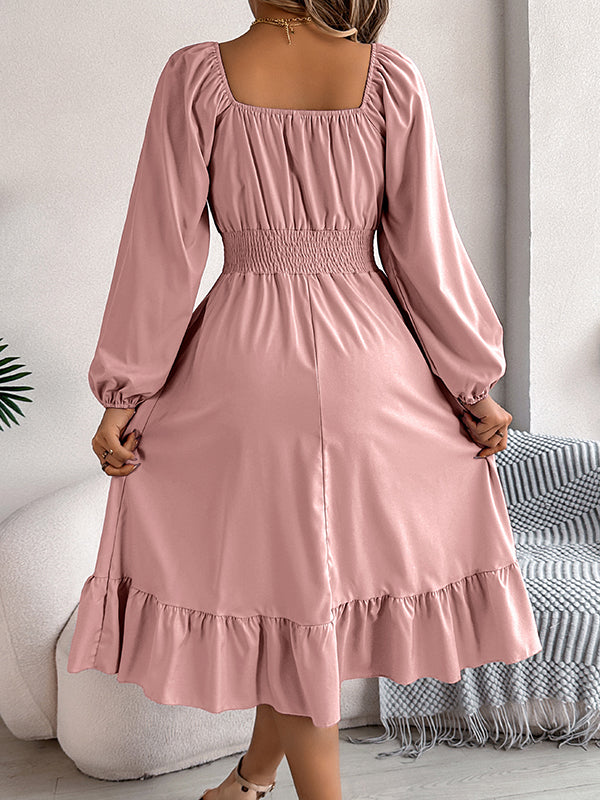 Pleated Ruffled Solid Color A-Line Elasticated Waist Square-Neck Midi Dresses