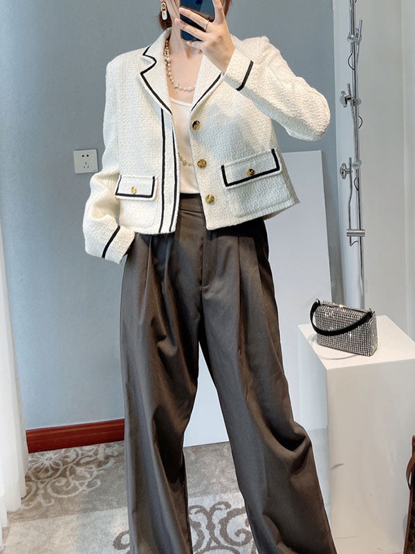 Buttoned Pockets Long Sleeves Loose Notched Collar Woolen Coat Outerwear