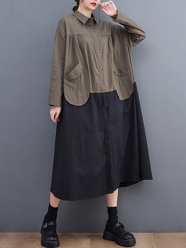 Original Loose Long Sleeves Buttoned Contrast Color Lapel Collar Midi Dresses