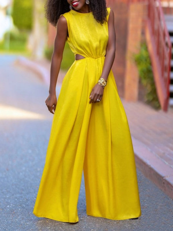 Hollow Solid Color Loose Wide Leg Round-neck Jumpsuits