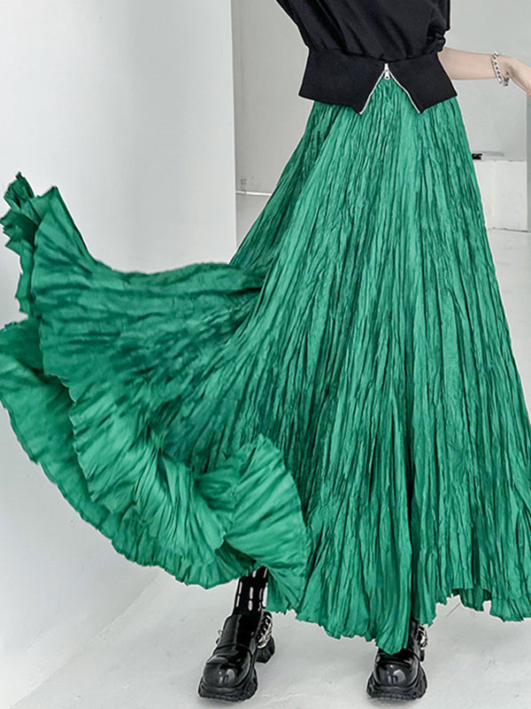 High-Waisted Pleated Solid Color A-Line Irregular Clipping Skirts