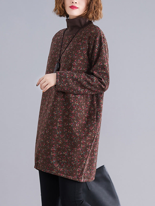 Vintage Loose Long Sleeves Floral Printed High-Neck Mini Dresses