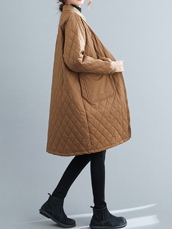 Pockets Quilted Solid Color Zipper Long Sleeves Loose Stand Collar Padded Coat