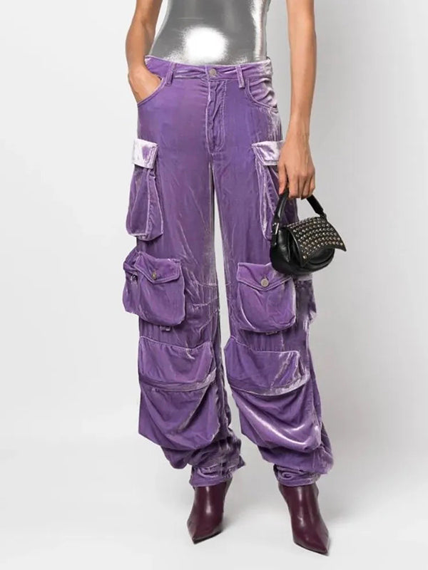 No Belt Pockets Solid Color High Waisted Loose Trousers Pants