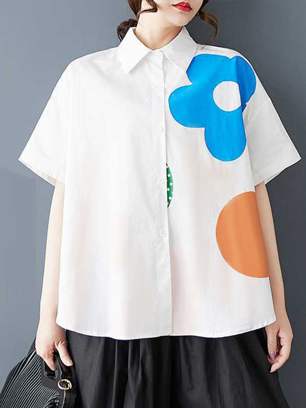 Buttoned Flower Print Loose Short Sleeves Lapel Blouses&Shirts Tops