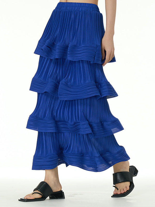 Elasticity Layered Pleated Ruffled Solid Color Loose Skirts Bottoms