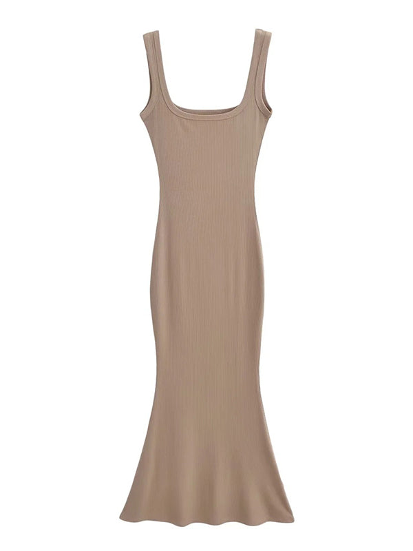 Solid Color Mermaid Skinny Round-Neck Maxi Dresses