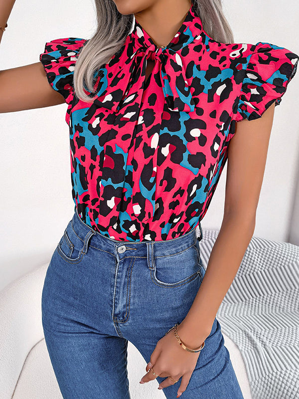 Leopard Cap Sleeve Loose Statement Collar Vest Top