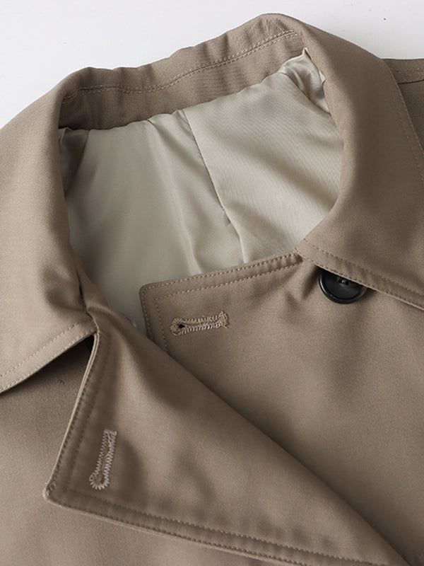 Buttoned Contrast Color Split-Joint Tied Waist Long Sleeves Loose Lapel Trench Coats